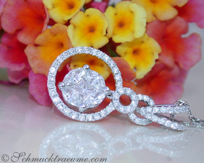 Weißgold-Anhänger mit Princess & Marquise Diamanten, Illusion-Design