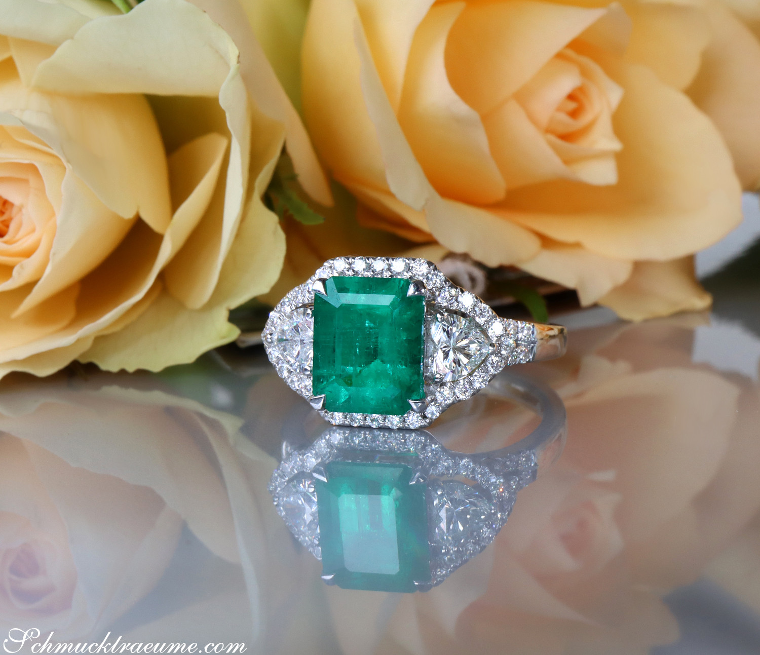 Kolombianischer Smaragd-Ring mit Diamant-Herzen, Weißgold 750, Rosen im Hintergrund