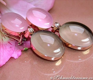 Rosenquarz-Rauchquarz-Ohrgehänge mit Brillanten, Roségold, Detailaufnahme
