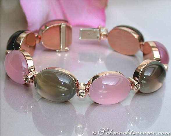 Rosenquarz-Rauchquarz-Armband mit Brillanten in Roségold 750
