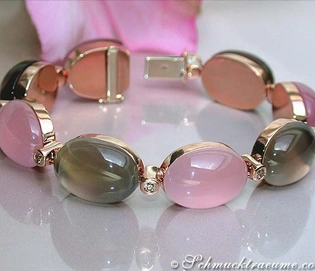 Rosenquarz-Rauchquarz-Armband mit Brillanten in Roségold 750