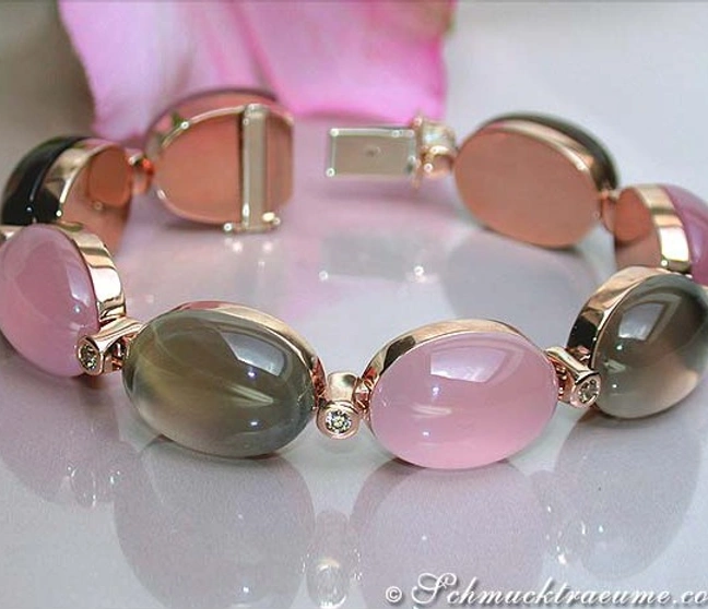 Rosenquarz-Rauchquarz-Armband mit Brillanten in Roségold 750 Rosenquarz-Rauchquarz-Armband mit Brillanten in Roségold 750
