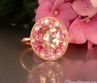 Runder Morganit-Ring mit Pink Saphiren und Brillanten in Roségold 750