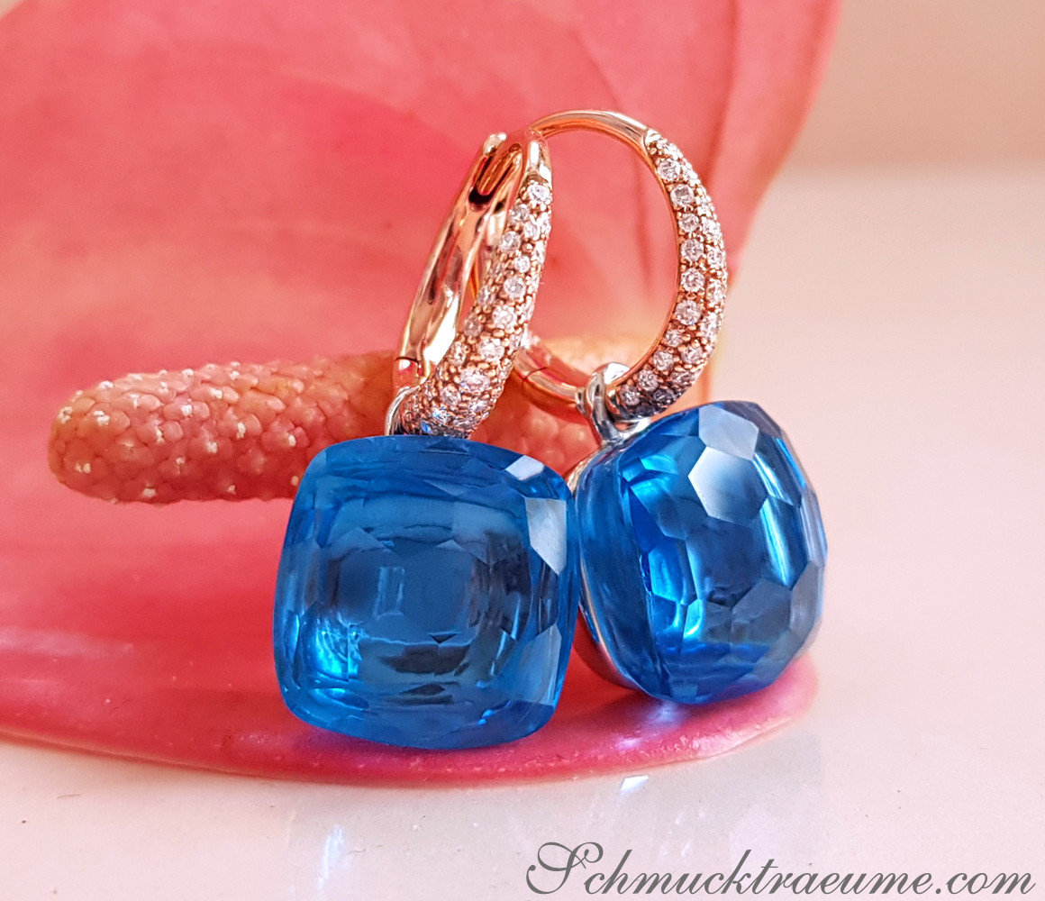 Blautopas-Ohrringe mit Diamanten in Roségold 750