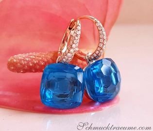 Blautopas-Ohrringe mit Diamanten in Roségold 750