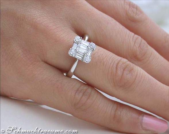 Detailaufnahme des Carré-Diamantringes mit Weißgold 750