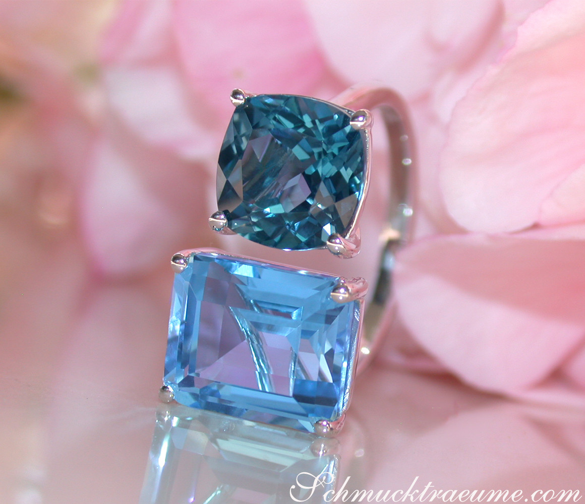 Blautopas-Steine im Toi et Moi-Ring, detailreich, weißgold 585