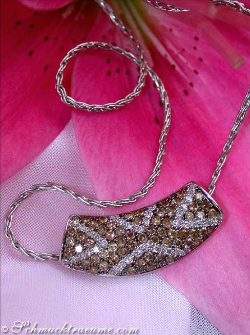 Detailansicht von Diamantanhänger mit weiß-braunen Diamanten auf silberner Kette