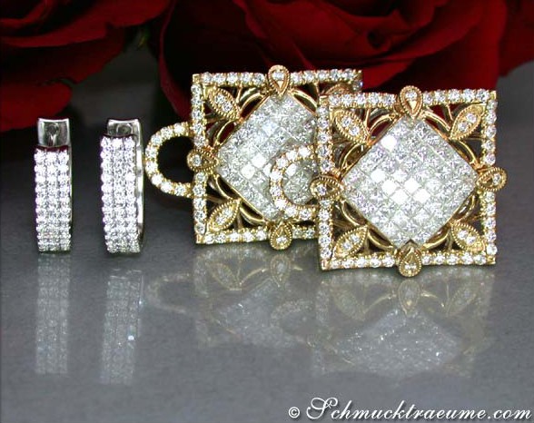 Prinzess-Diamant-Ohrgehänge in Weißgold, detailreich mit Perlenbesatz