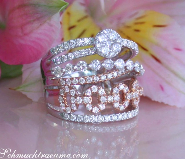 Raffinierter Mehrreihiger Brillantring in Weißgold und Roségold 750, detailreich gestaltet Raffinierter Mehrreihiger Brillantring in Weißgold und Roségold 750, detailreich gestaltet