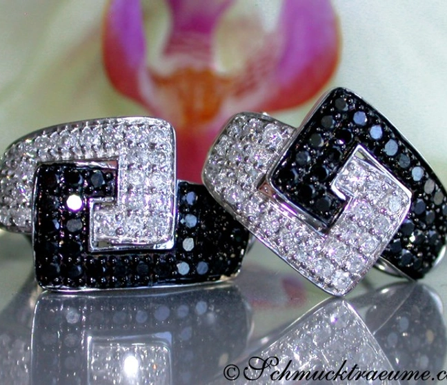 Schwarz-weiße Diamant-Ohrringe mit quadratischem Design auf glänzender Oberfläche Schwarz-weiße Diamant-Ohrringe mit quadratischem Design auf glänzender Oberfläche