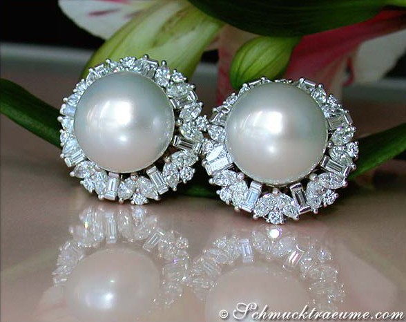 Südseeperlen-Ohrstecker mit Diamanten, Baguette-, Marquise- und Brillant Schliff, 14-15 mm, Weißgold 750