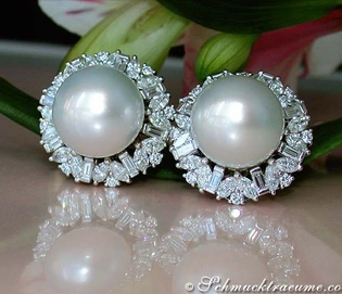 Südseeperlen-Ohrstecker mit Diamanten, Baguette-, Marquise- und Brillant Schliff, 14-15 mm, Weißgold 750