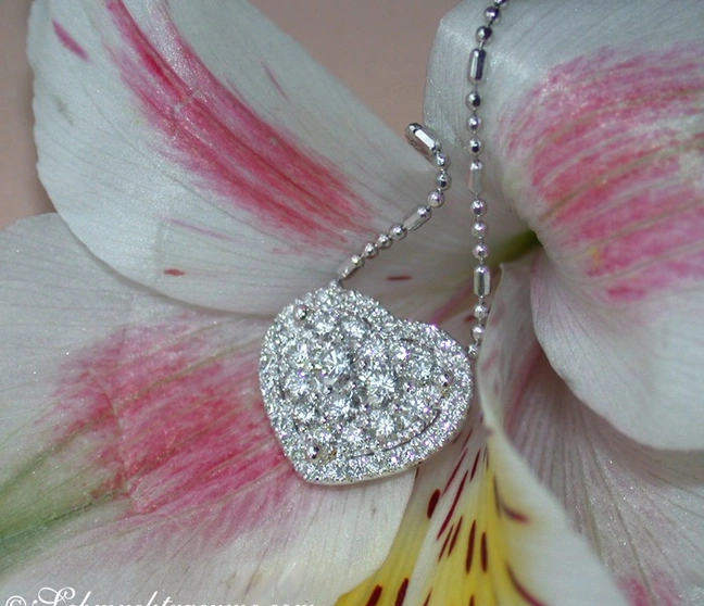 Herz-Anhänger mit Diamanten auf Kette, umgeben von blühender Blume Herz-Anhänger mit Diamanten auf Kette, umgeben von blühender Blume