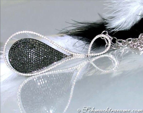 Schwarz-weißes Diamant-Collier mit Glanz und Detail auf Federhintergrund