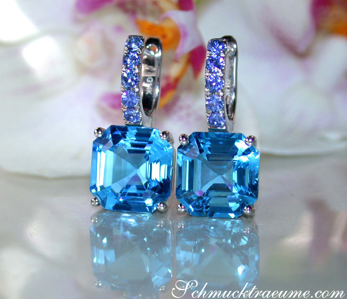 Blautopas-Ohrringe mit Saphiren in Weißgold 585, Detailaufnahme, elegant und farbenfroh.