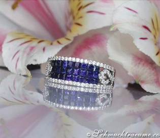 Saphir-Ring mit Brillanten in Weißgold 585 - elegantes Design mit blauen und weißen Steinen