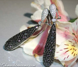 Schwarze Diamant-Ohrgehänge auf Blütenblättern, elegant und glänzend.