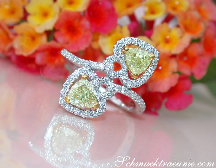 Herzring mit gelben und weißen Diamanten im Triangel-Schliff, prächtig auf Blumenhintergrund.