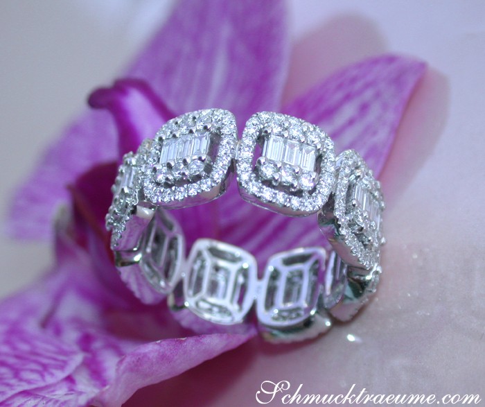 Weißgold 750 Memory Ring mit Baguette- & Brillantschliff