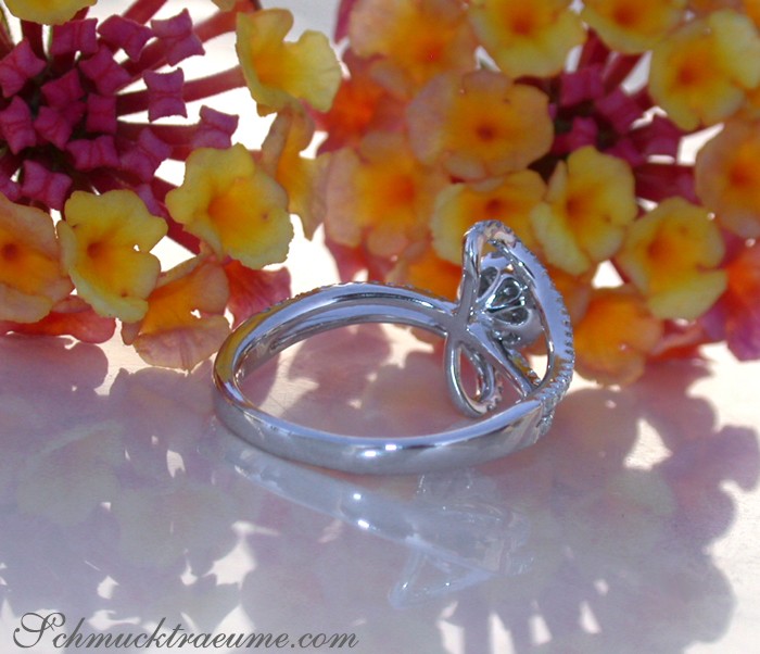 Blütenhintergrund mit zartem Diamant-Solitär-Ring in Weißgold