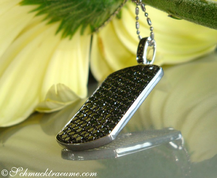 Schwarz-diamantiger Dog-Tag-Anhänger mit Spiegelfläche, Hintergrundblume.