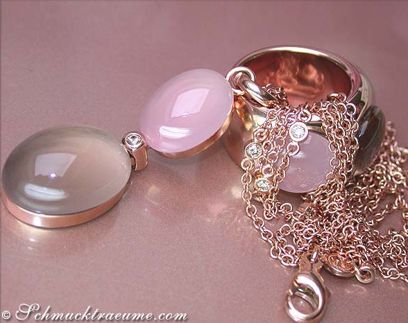 Rosenquarz und Rauchquarz Collier mit Brillanten auf roségoldener Kette
