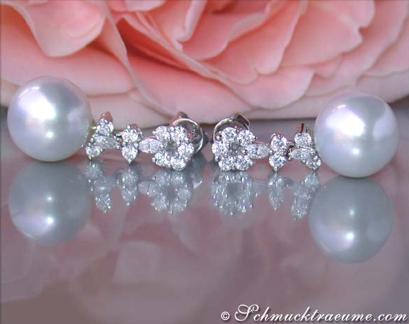 Südseeperlen Ohrstecker mit Brillanten, Perlendurchmesser 12-13 mm, Weißgold 750