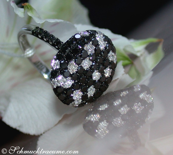 Schwarz-weißer Diamant-Ring mit Kontrast auf Blüte, Detailansicht.