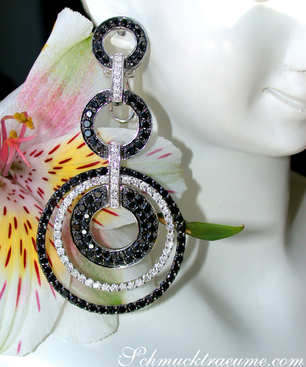 Schwarze und weiße Diamant-Ohrringe auf Mannequin, Blüte im Hintergrund