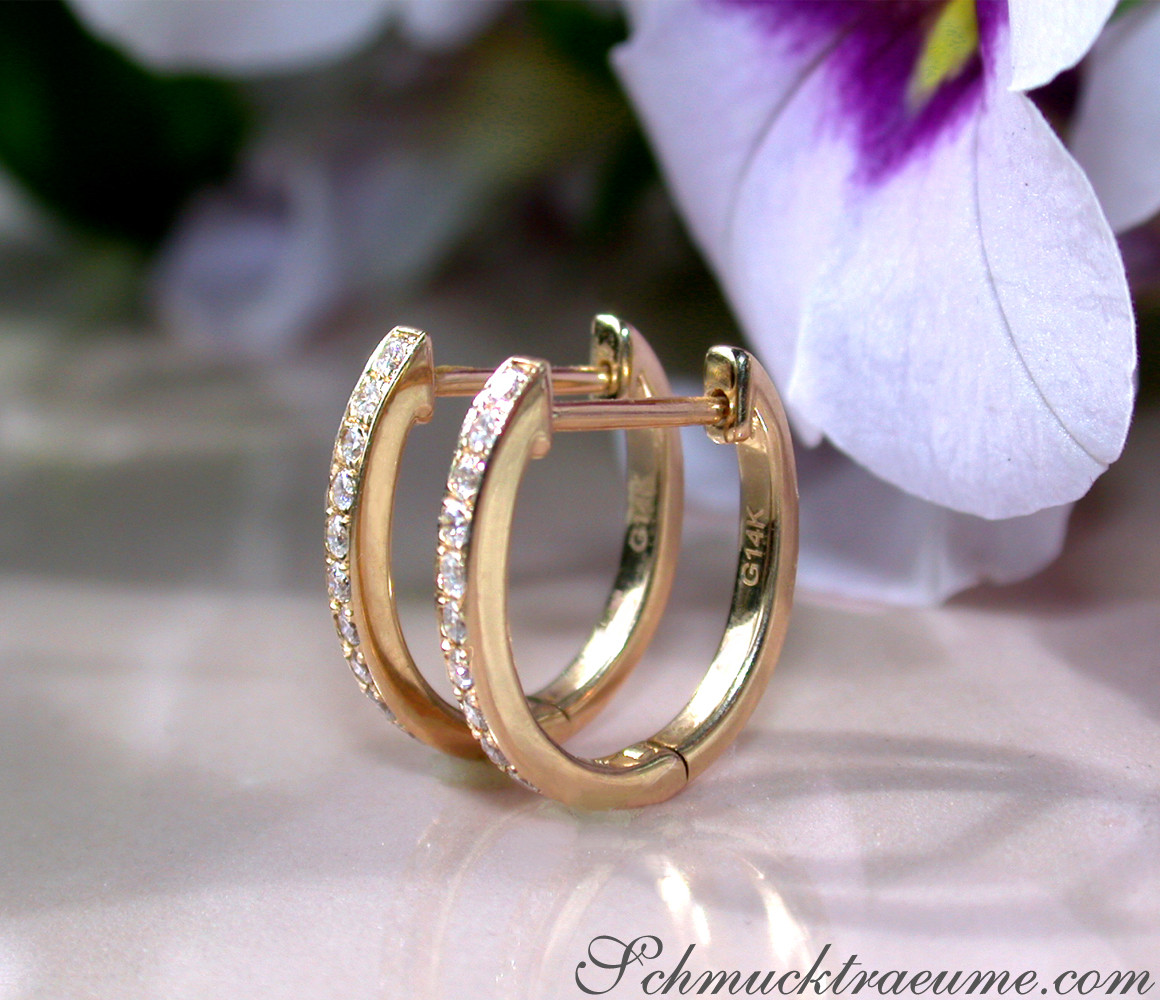 Gelbgold Creolen mit Brillanten, Detailaufnahme, blühende Orchidee im Hintergrund