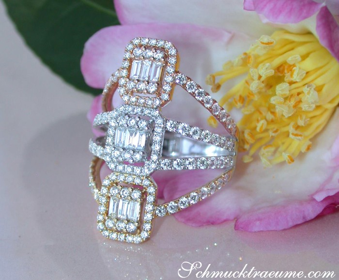 Tricolor-Brillanten-Carré-Ring mit Diamantenbesatz