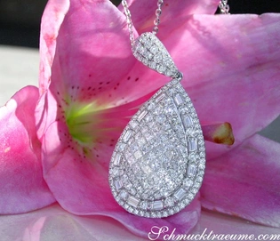 Weißgold 750 Diamant-Tropfen-Anhänger mit Princess und Baguette Diamanten