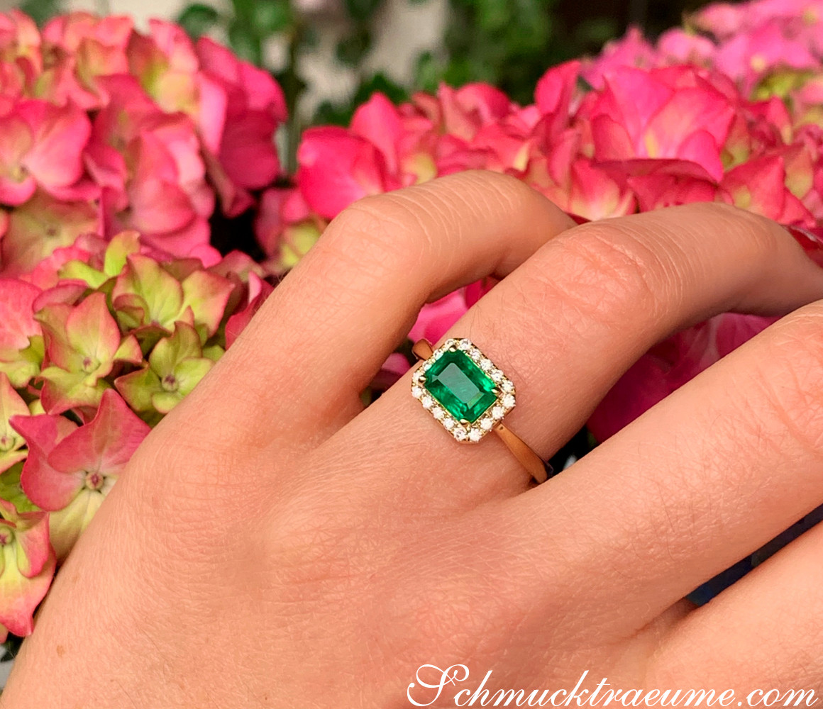 Hand mit Smaragd-Ring in Gelbgold, umgeben von rosa Blüten