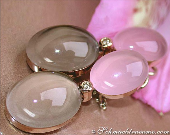 Rosenquarz-Rauchquarz-Ohrgehänge mit natürlichen Brillanten, Detailaufnahme, Roségold 750 Verarbeitung