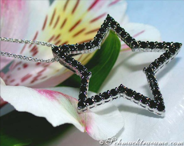 Schwarzdiamanten-Sternanhänger aus Weißgold, Detailaufnahme mit blühendem Blütenhintergrund.