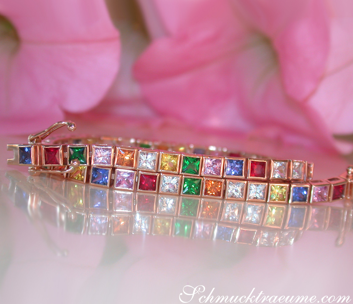Prachtvolles Multicolor-Saphir-Armband mit Princess-Schliff in Roségold 585