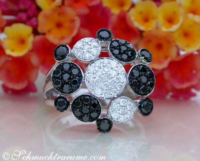 Schwarzer Diamant-Ring mit weißen Diamanten, Detailaufnahme, Blumen im Hintergrund