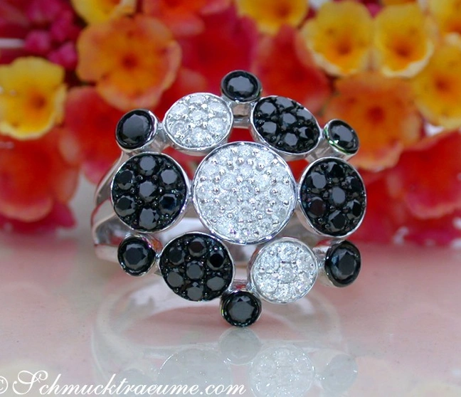 Schwarzer Diamant-Ring mit weißen Diamanten, Detailaufnahme, Blumen im Hintergrund Schwarzer Diamant-Ring mit weißen Diamanten, Detailaufnahme, Blumen im Hintergrund