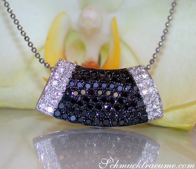 Silberner Anhänger mit schwarzen und weißen Diamanten, detailreich, auf Blüte platziert. Silberner Anhänger mit schwarzen und weißen Diamanten, detailreich, auf Blüte platziert.