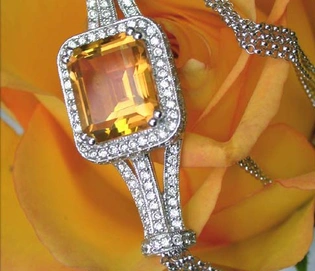 Citrin-Collier mit Brillanten in Weißgold, Art-Déco-Stil, klarer Stein, Kettenanhänger