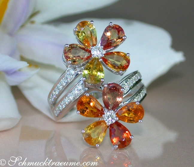 Prächtiger Doppel Blumen Ring mit Saphiren & Brillanten - Image 1 Prächtiger Doppel Blumen Ring mit Saphiren & Brillanten - Image 1