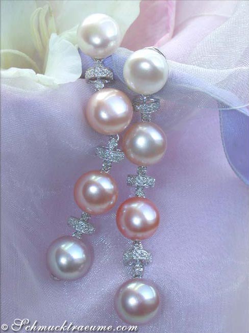 Detail der edlen Multicolor Süßwasserperlen Ohrgehänge mit Weißgold 585 Verarbeitung