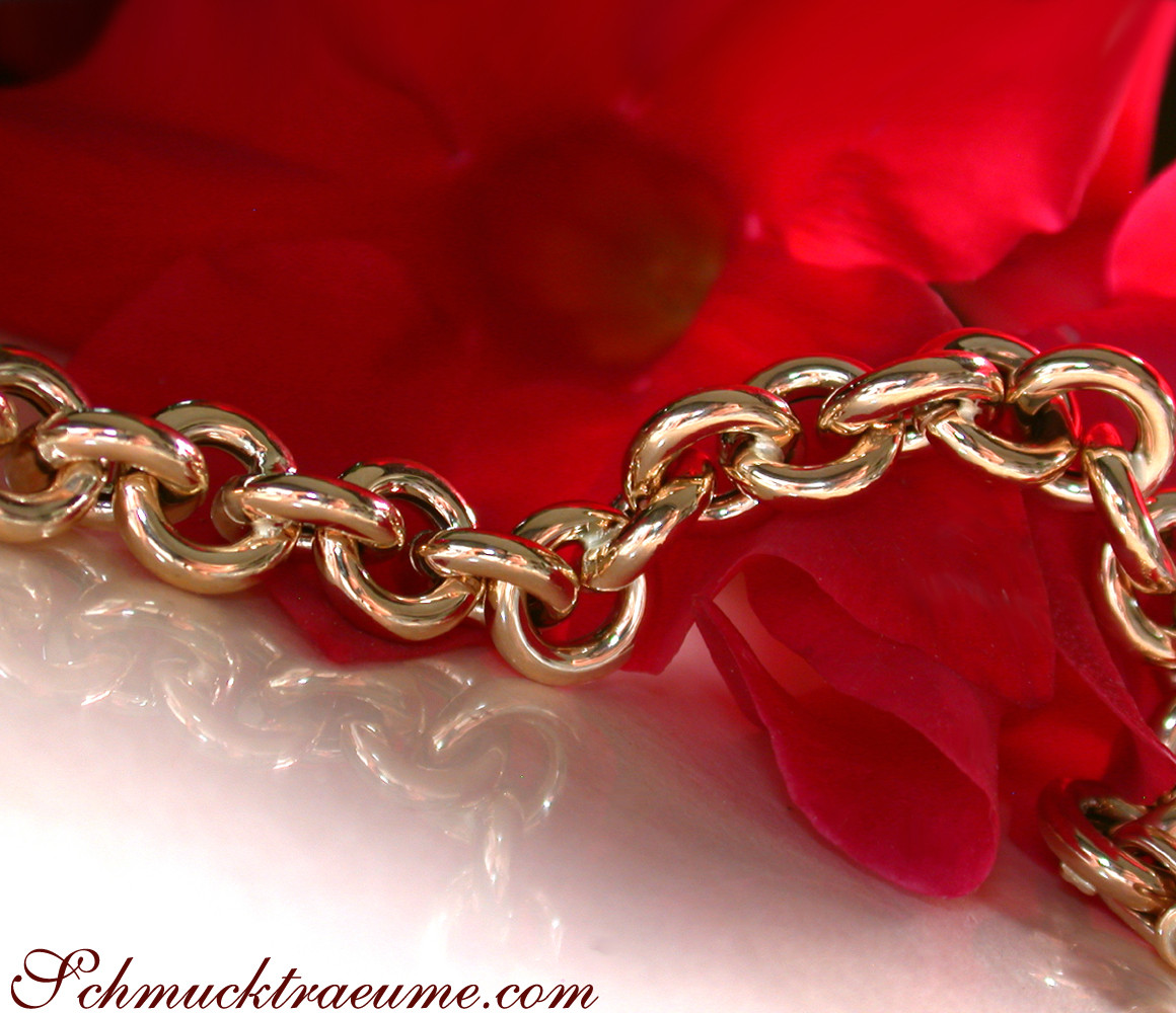 Goldarmband aus Gelbgold 585 mit glänzenden Ringen, Detailaufnahme auf rotem Hintergrund.