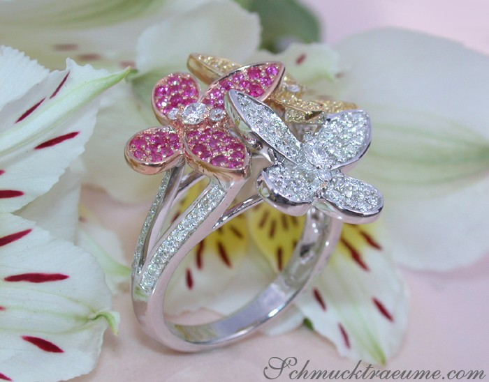Schmetterling-Ring mit Saphiren, Rubinen & Diamanten, 585 Gold