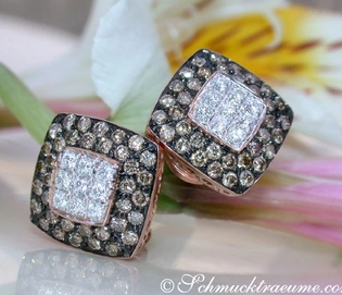 Erlesene Carré-Ohrstecker mit Roségold und naturbraunen & weißen Brillanten