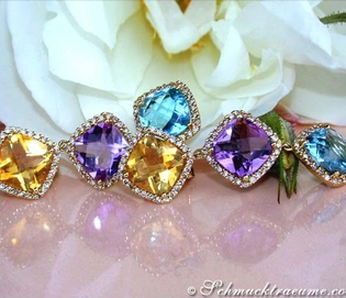 Multicolor Edelstein Ohrstecker mit Diamanten in Gelbgold 750, Detailaufnahme, elegant getragen