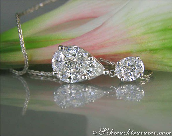 Weißgold-Anhänger mit Diamanten im Tropfen-Stil, Detailaufnahme, elegante Schmuckkette