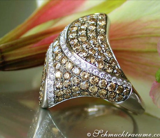 Naturbrauner Diamant-Ring mit Weißgold, Detailaufnahme, Blume im Hintergrund. Naturbrauner Diamant-Ring mit Weißgold, Detailaufnahme, Blume im Hintergrund.