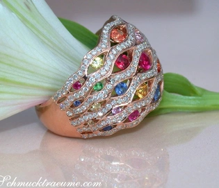 Regenbogen-Saphir-Ring aus Roségold mit farbenfrohen Steinen